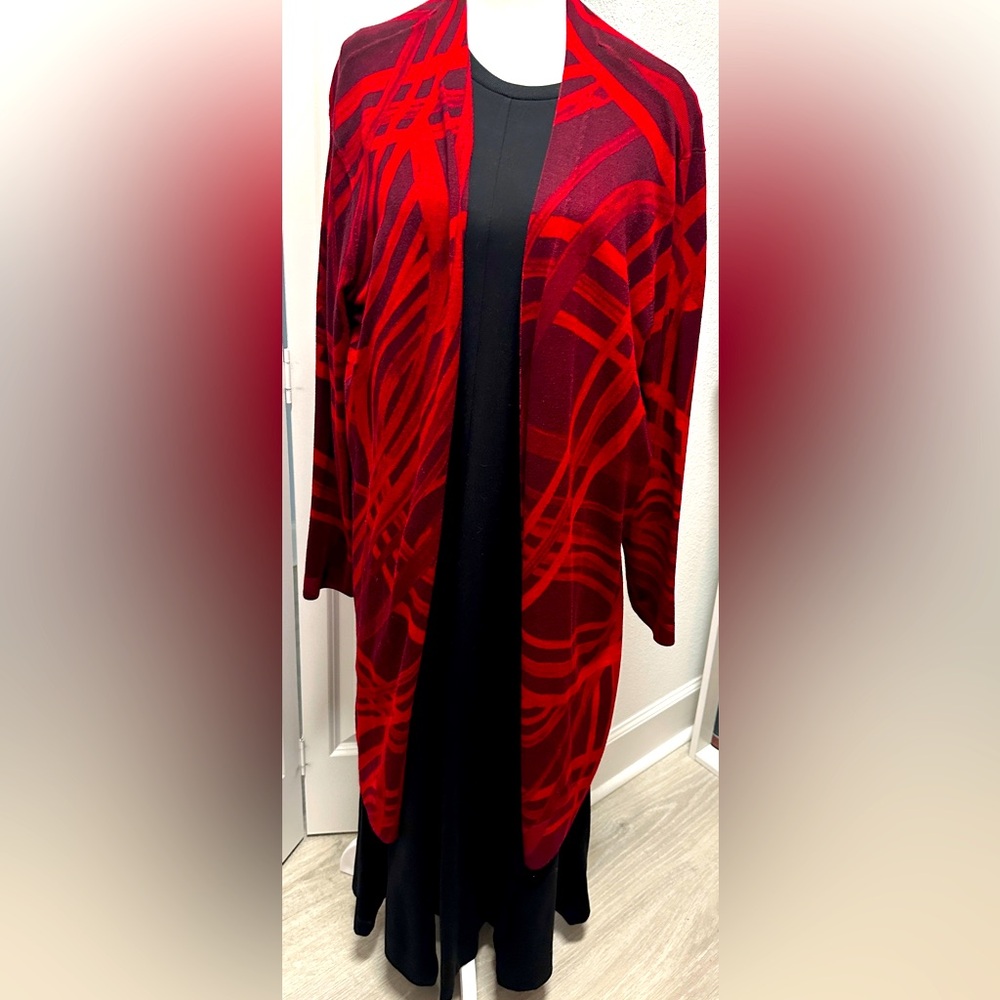 Chico’s Red and Black Traveler’s Kimono Cardigan